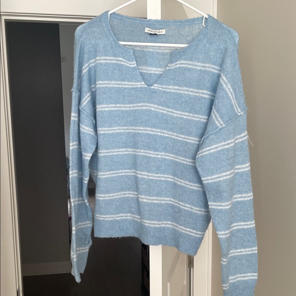 American Eagle Outfitters Sweaters - American eagle Light Blue and White Striped V-Neck Sweater flawed